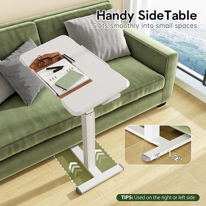 Rolling Laptop Desk, 180° Tiltable Mobile Standing Desk Height Adjustable, Overbed Bedside Table, Portable Computer Desk with Wheels, Foldable Laptop Cart for Home Office, White