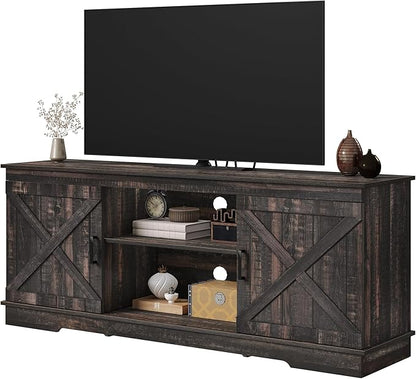 DWVO Farmhouse TV Stands for Living Room, Entertainment Center with Storage, TV Stand for 65 Inch TV with Double Barn Doors & Storage Cabinets, Rustic TV Cabinet Media Console, Dark Oak