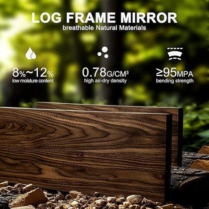 56x24 Inch Handcrafted Solid Wood Square Wall Mirror with Geometric Wood Inlay Design, Rustic Natural Texture for Bathroom, Bedroom, Living Room Decor