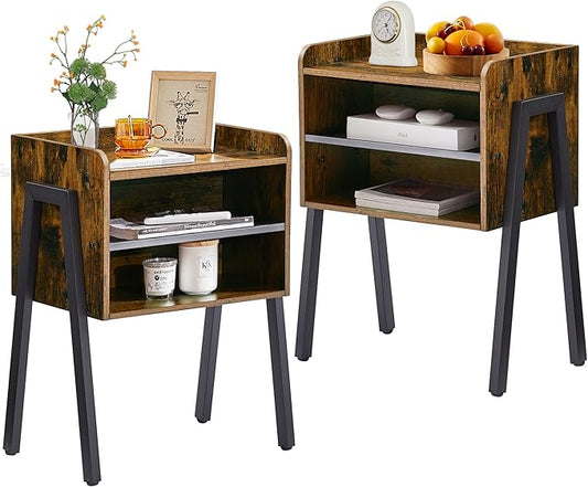 VECELO Nightstand Set of 2,Industrial End Table,Bedside Table with 2-Tier Open Storage Shelves,Wood Side Table with Metal Frame for Bedroom, Living Room,Small Spaces