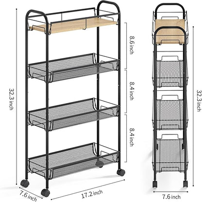 KINGRACK Metal Slim Rolling Cart,4-Tier Metal Utility Cart,Storage Cart with Wooden Tabletop, for Narrow Space on Laundry Bathroom Kitchen Room Bedroom Apartments Dormitory (Pure Black, Slim)