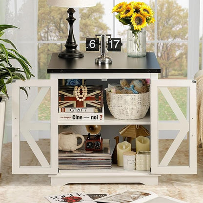 Farmhouse End Table, 24" Large End Tables with Storage, Rustic Square Sofa Beside Table with Glass Barn Door, Wood Side Table Square Nightstand for Living Room, Bedroom, Office (White)