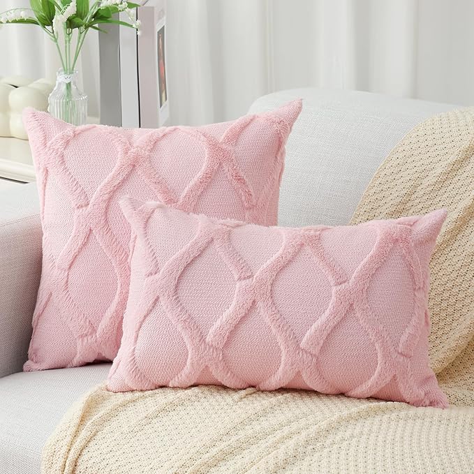 decorUhome Throw Pillow Covers 22x22 Inch Set of 2, Soft Plush Faux Fur Wool Light Pink Couch Pillow Covers, Decorative Neutral Pillow Cases for Bed Sofa Living Room Home Decor