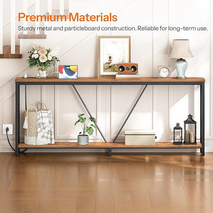 HOOBRO 78.7" Extra Long Sofa Console Table with Charging Station, 2-Tier Behind Couch Table with V-Brace, for Narrow Entryway, Hallway, Living Room, Rustic Brown BF206UXG01