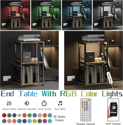 End Table with LED Light,Record Player Stand with Albums Storage,Vinyl Records Storage,Turntable Stand Side Table for Music Room Studio Living Room Bedroom-Retro