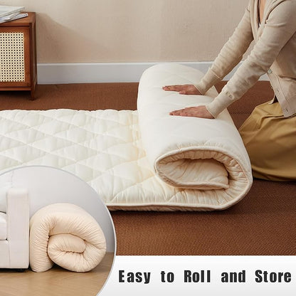 Japanese Floor Futon Mattress, Tatami Mat Sleeping Pad, Shikibuton, Mattress Topper, Boys Girls Roll Up Dormitory Mattress, Foldable & Portable Floor Lounger Bed, Guest Bed (Cream, Full)