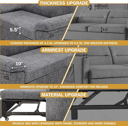 Vipbear 3-in-1 Chenile Convertible Sofa Bed, Pull Out Sleeper Sofa with USB Charging Station/Reclining Backrest/Side Pocket, Loveseat for Living Room, Apartment, Tool-Free Assembly, Dark Grey