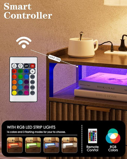 Nightstand with Charging Station and LED Lights,Modern Bedside Table with 2Drawer and Open Shelf,Walnut Night Stand with Solid Wood Legs,End Table for Living Room、Bedroom and Small Spaces