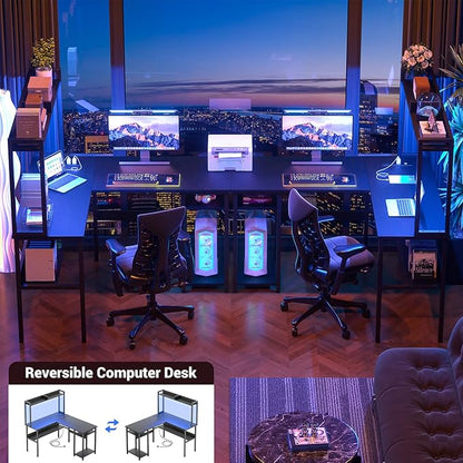 Unikito L Shaped Gaming Desk with LED Strip and Power Outlets, Reversible L-Shaped Computer Desk with Storage Shelves, Corner Desk with Hutch, 2 Person Home Office Desk, Black