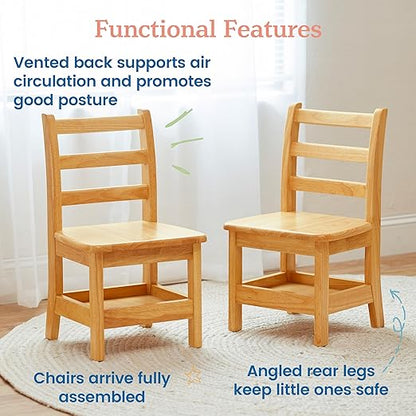 ECR4Kids Three Rung Ladderback Chair with Storage, 12in Seat Height, Classroom Seating, Honey, 2-Pack