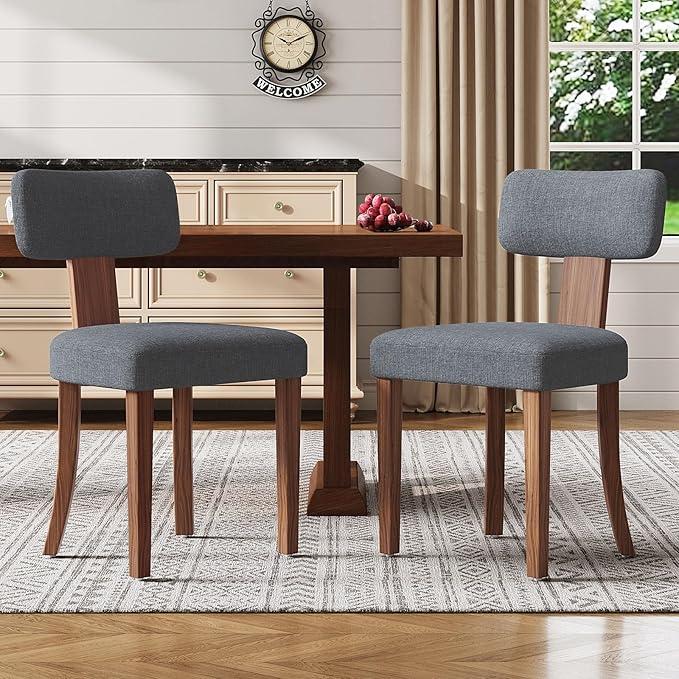 Mid Century Modern Dining Chairs Set of 2, Linen Upholstered Kitchen Chairs with Curved Backrest & Adjustable Legs for Living Room/Bedroom/Lounge, Easy to Install, Grey Linen