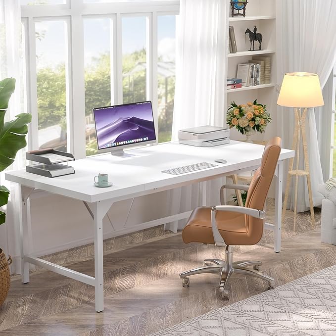 Unikito Large Office Desk, 70.8 x 31.5 Inch Extra Long Executive Computer Desk, Heavy Duty 2 Person Desk, Premium Super Thick Study Writing Table Computer Tables for Home Office Workstations, White