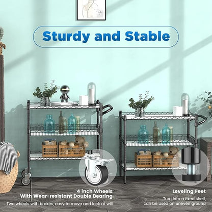 Leteuke 3 Tier Rolling Carts with Wheels,990Lbs Heavy Duty Rolling Utility Cart,NSF Commercial Grade Metal Cart with Handle&Shelf Liner,Trolley Serving Cart for Kitchen,Restaurant,Plant Display,Black