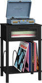 End Table with Record Player Stand, Side Table with Storage, 2-Tier Nightstand with Drawer and Record Holder, Modern Black Bedside Table for Living Room Bedroom MLBZ18B