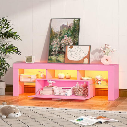Clikuutory Modern Lighting 51 inch TV Stand with Large Storage Drawer for 32 40 50 55 Inch TVs, TV Console with 20 Color LED Lights, Entertainment Center Media and Open Shelf for Bedroom, Pink