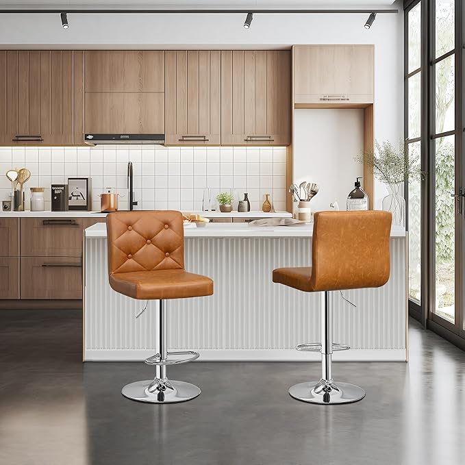 VECELO Adjustable Bar Stools Set of 2, Bar Height Stools for Kitchen Counter,Brown