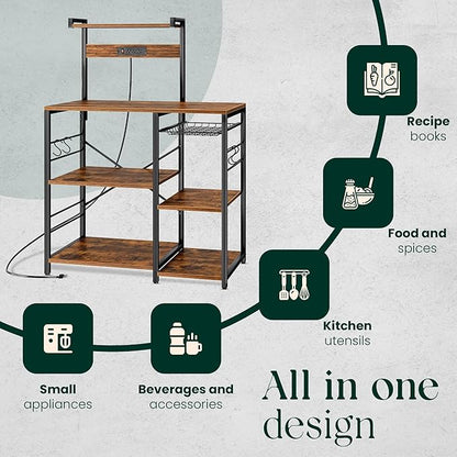 Kitchen Bakers Rack with Power Outlet & Hangers - 35.5x15.7x51.6 Kitchen Storage Rack Useful as Microwave Stand, Coffee Station and as Extra Shelves - Perfect for Organized & Stylish Kitchens
