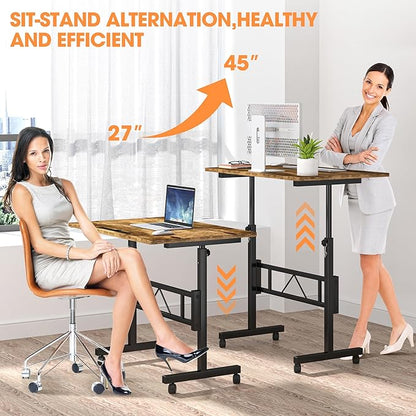 Klvied Small Standing Desk Adjustable Height, Mobile Table with Wheels, Portable Laptop Table, Standing Computer Desk for Walking Pad (Brown)