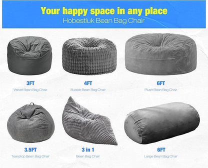 Hobestluk 6FT Bean Bag Chair Large Beanbag Lounger with Removable Cover Adult Bean Bag Chair with Portable Handle Desgin for Living Room Bedroom (Grey, 6FT)