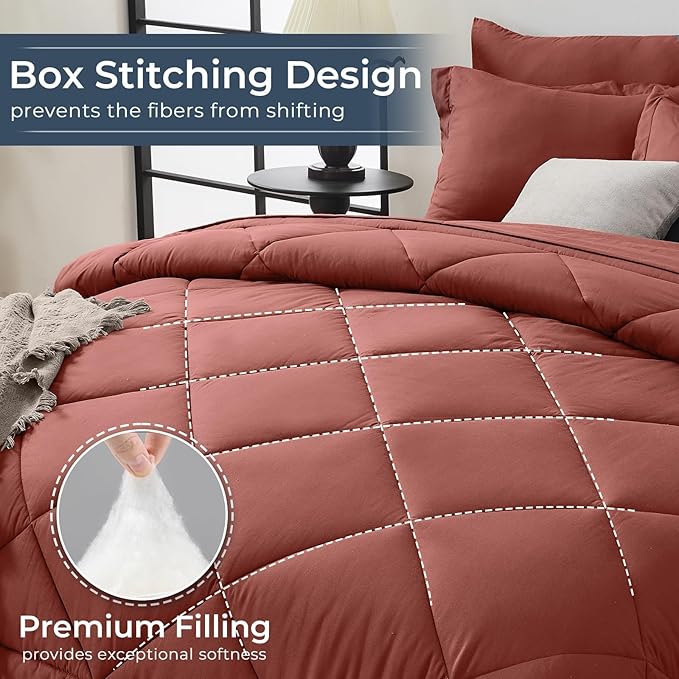 HEVUMYI Terracotta Twin Comforter Set - 5-Piece All Season Bed in a Bag Twin, Ultra Soft Bedding Set with Comforter, Flat Sheet, Fitted Sheet, Pillowcases, Pillow Shams
