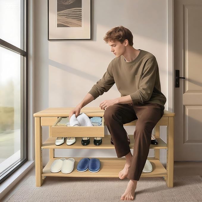 Wood Shoe Bench Entryway with Drawer: 2-Tiers Wooden Storage Shoe Rack with Bench Seat, Compact Mid-Century Modern Design for Entryway, Hallway,Closet,Front Door Entrance,Foyer Natural 43.3"