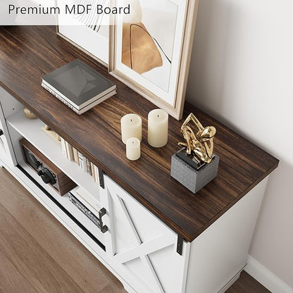GarveeHome Farmhouse Tv Stand for 65 Inches TVs, Entertainment Center with Sliding Barn Doors and Adjustable Shelf, Modern Media TV Console TV Stand Table for Living Room, Bedroom, White