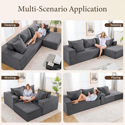 INGEROOM 108" Cloud Sectional Couch with L-Shape Chaise, Modular Sofa Memory Foam, Boneless Sofa with Movable Ottoman, Upholstered Couches for Living Room Bedroom, No Assembly Required, Dark Gray