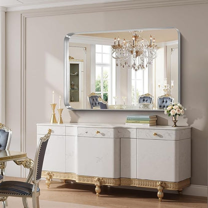 FORBATH 55x36 Inch Large Bathroom Mirror for Double Sinks, Brushed Silver Deep Frame Wall Mirror with Rounded Corners, Anti-Rust Tempered Glass for Modern Farmhouse Vanity (Horizontal/Vertical)