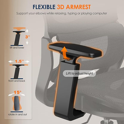 GABRYLLY Ergonomic Office Chair, High-Back Desk Chairs with Adjustable Lumbar Support, Headrest, Tilt Function, Soft Wide Seat and 3D Armrest, 300 LBS Sturdy Home Mesh Chair Task Chairs, GY1070