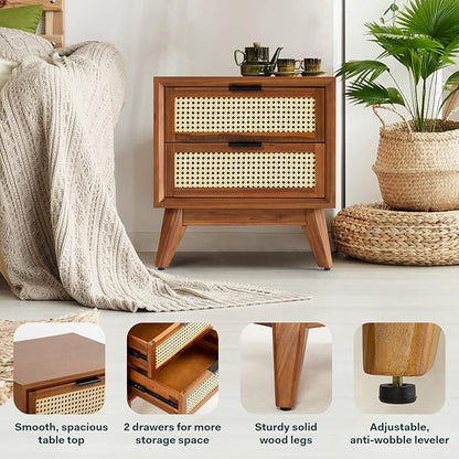 Bme Jasper Deluxe Solid Wood Rattan Nightstand Fully Assembled - Mid Century Modern Side Table with 2 Drawers - Multipurpose use for Living Room, Bedroom - Dark Chocolate