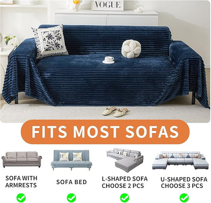 HAOMAIJIA Faux Fur Sofa Covers Couch Covers for 2 Cushion Couch Sofa Pet Friendly Soft Non Slip Couch Cover for Dogs Washable Sectional Couch Covers L Shape Furniture Protector (Navy Blue, 71"x118")