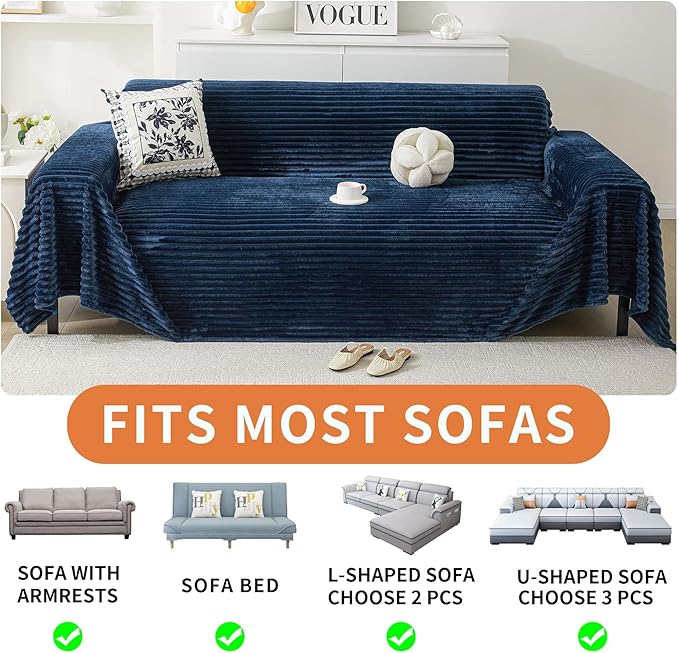 HAOMAIJIA Faux Fur Sofa Covers Couch Covers for 2 Cushion Couch Sofa Pet Friendly Soft Non Slip Couch Cover for Dogs Washable Sectional Couch Covers L Shape Furniture Protector (Navy Blue, 91"x118")