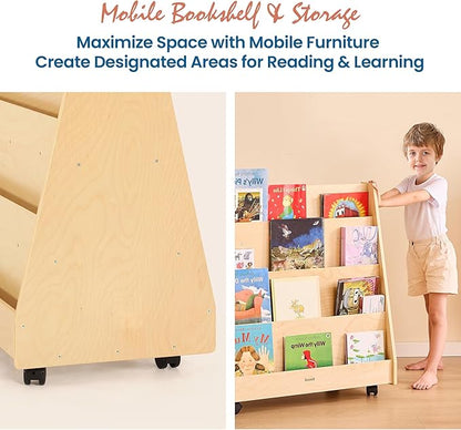 Kids Bookshelf for Toddlers and Babies, Double-Sided Wooden Montessori Bookshelf for Kids Room, Baby Book Shelf with Storage for Nursery, Classroom, Playroom