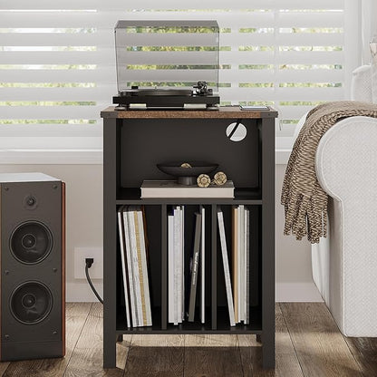 ChooChoo Record Player Stand with Vinyl Storage, Turntable Stand with Charging Station, Record Storage Cabinet, End Side Table for Living Room, Bedroom, Black