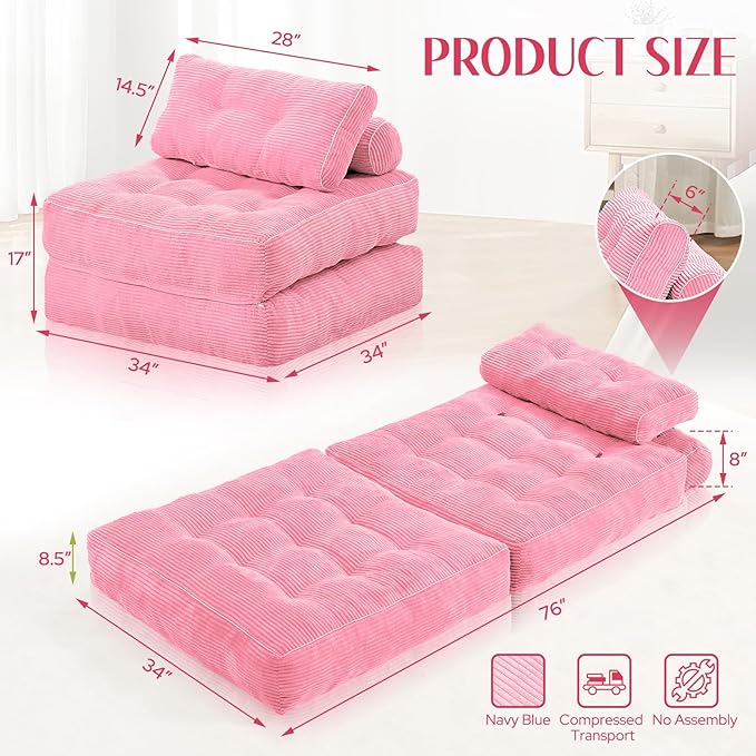 HABUTWAY Folding Sofa Bed, Convertible Sleeper Chair Bed w/Dual-Pillow & Handle, Foldable Floor Sofa Lounge w/Back Support for Living Room, Bedroom, Apartment, Office, Pink