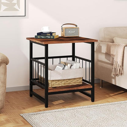 Industrial Night Stand, 18” Square Side Table with Open Storage Shelf, Bedside End Table for Bedroom, Heavy Duty Stand for Mini Fridge for Dorm, Kitchen Room, Rustic Brown