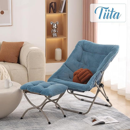 Tiita Folded Chair with Ottoman, Soft Faux Fur Oversized Folding Accent Chair,Lounge Lazy Chair, Metal Frame Moon Chair for Bedroom, Living Room, Dorm Rooms, Garden and Courtyard