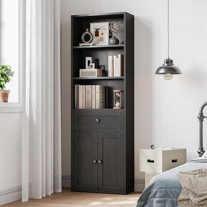 Casaottima Bookshelf and Bookcase with Doors and Drawer, Floor Standing 6-Tier Shelf Display Storage Shelves, Tall Bookcases for Home Office, Living Room, Black