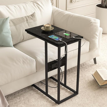 VECELO C Shaped End Side Table with Charging Station & Power Outlets for Couch Sofa/Bed Snack TV Tray with Metal Frame for Living Room Bedroom 1 Set, Black Marble