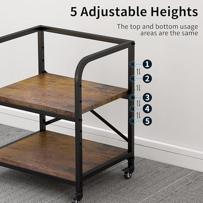 2 Tier Under Desk Printer Stand, Large Printer Table with Height Adjustable Shelf, Rolling Printer Cart with Industrial Wheels for Home Office, Scanner Fax (Rustic Brown)