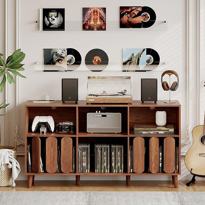 Large Record Player Stand, Record Player Table Vinyl Record Storage Holder Records Cabinet Organizer with Power Outlet for Living Room, Walnut