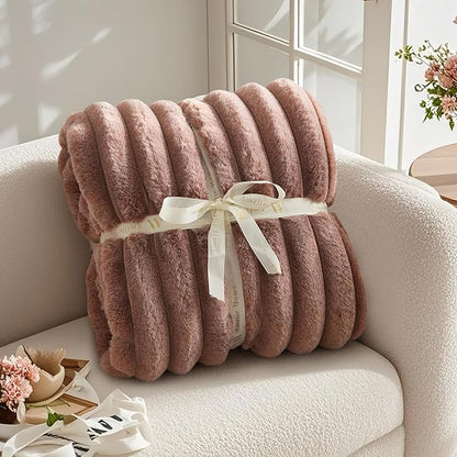 Amélie Home Faux Fur Throw Blanket for Couch, Ultra Cozy Fuzzy Fluffy Fur Luxurious Soft Striped Plush Gift Blankets for Family Sofa Chair Bed Living Room Bedroom, 60"x80", Ionic Fox Brown