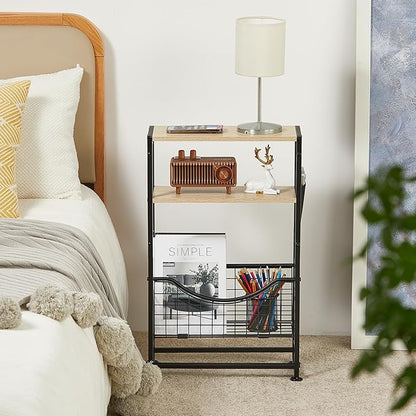 Narrow Side Table, Skinny Small End Tables with Magazine Holder, 3 Tier Small Sofa Side Table for Smalls Spaces, Sofa Couch Tables Bedside Table for Living Room Bedroom Office