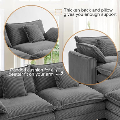 Furniliving 117‘’ L-Shaped Sofa, Luxury Corduroy Modular Sectional Couches with Ottoman, Upholstered Deep Seat Sleeper Sofa with Memory Foam and Waist Pillows, Grey