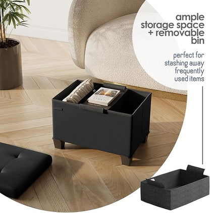STORAGEBUD Storage Ottoman Cube with Small Bin, 16-in Square Ottoman with Storage for Living Room and Bedroom, Small Ottomans Foot Rest, Faux Leather Foot Stools Ottomans Max 330lbs, Black