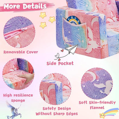 Toddler Couch,Toddler Chair,2-in-1 Baby Seat Furniture Fold Out, Convertible Sofa to Lounger Comfy Glow in The Dark Sofa Bed,Gifts for Kids Girl Boys,Elf Unicorn,Medium
