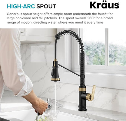 KRAUS Allyn Commercial Style 2-Function Single Handle Pull Down Kitchen Faucet in Spot-Free Brushed Brass/Matte Black, KPF-4110BBMB