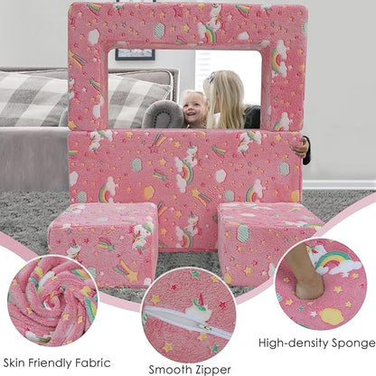 MeMoreCool Modular Kids Sofa,Toddler Play Couch Fold Out for Playroom, Glow in Dark Convertible Plush Unicorn Foam Chair for Baby Childrens