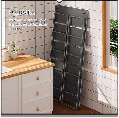 4NM No-Assembly 5 Tiers Folding Bookshelf Storage Shelves Vintage Bookcase Standing Racks Study Organizer Home Office (All Black)