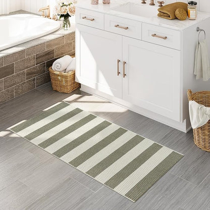 OJIA Striped Rug 24"x51" Washable Fall Front Door Mat Halloween Doormat Woven Entry Rug Cotton Indoor Outdoor Rug Small Checkered Rugs for Porch Kitchen Entryway Patio Bathroom (Green/White/Tan)